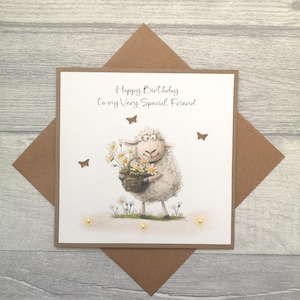 Gepersonaliseerde verjaardagskaart met schapen met bloemen, schapenverjaardagskaart, schattige schapenverjaardagskaart, kaart boerderijdieren, speciale vriendkaart