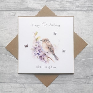 Carte d'anniversaire personnalisée du 70e anniversaire, anniversaire d'âge spécial, carte d'anniversaire faite à la main, carte d'anniversaire avec des fleurs et des oiseaux, carte heureuse du 70e
