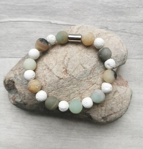 Natural Amazonite and White Lava Round Bead Stretchy Bracelet, Natural Amazonite Gemstone Bracelet, Gifts for Her, Made to Order Bracelet UK