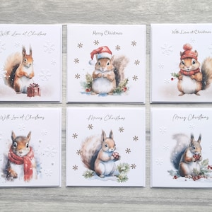 Pack of 6 4x4" Handmade Christmas Cards with Squirrels, Cute Squirrel Christmas Cards for Grandchildren, Pack of Mini Christmas Cards