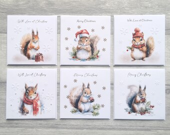 Lot de 6 cartes de Noël faites main avec écureuils 10 x 10 cm, jolies cartes de Noël écureuils pour petits-enfants, lot de mini cartes de Noël