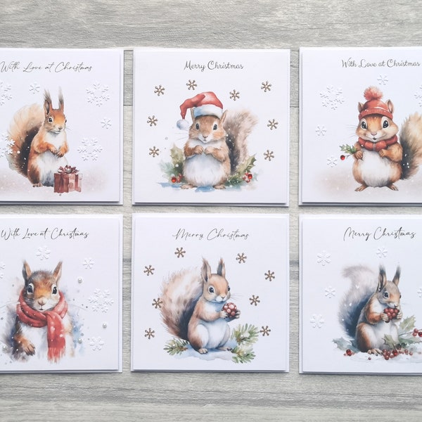 Pack van 6 4x4" handgemaakte kerstkaarten met eekhoorns, schattige eekhoorn kerstkaarten voor kleinkinderen, pakket mini kerstkaarten