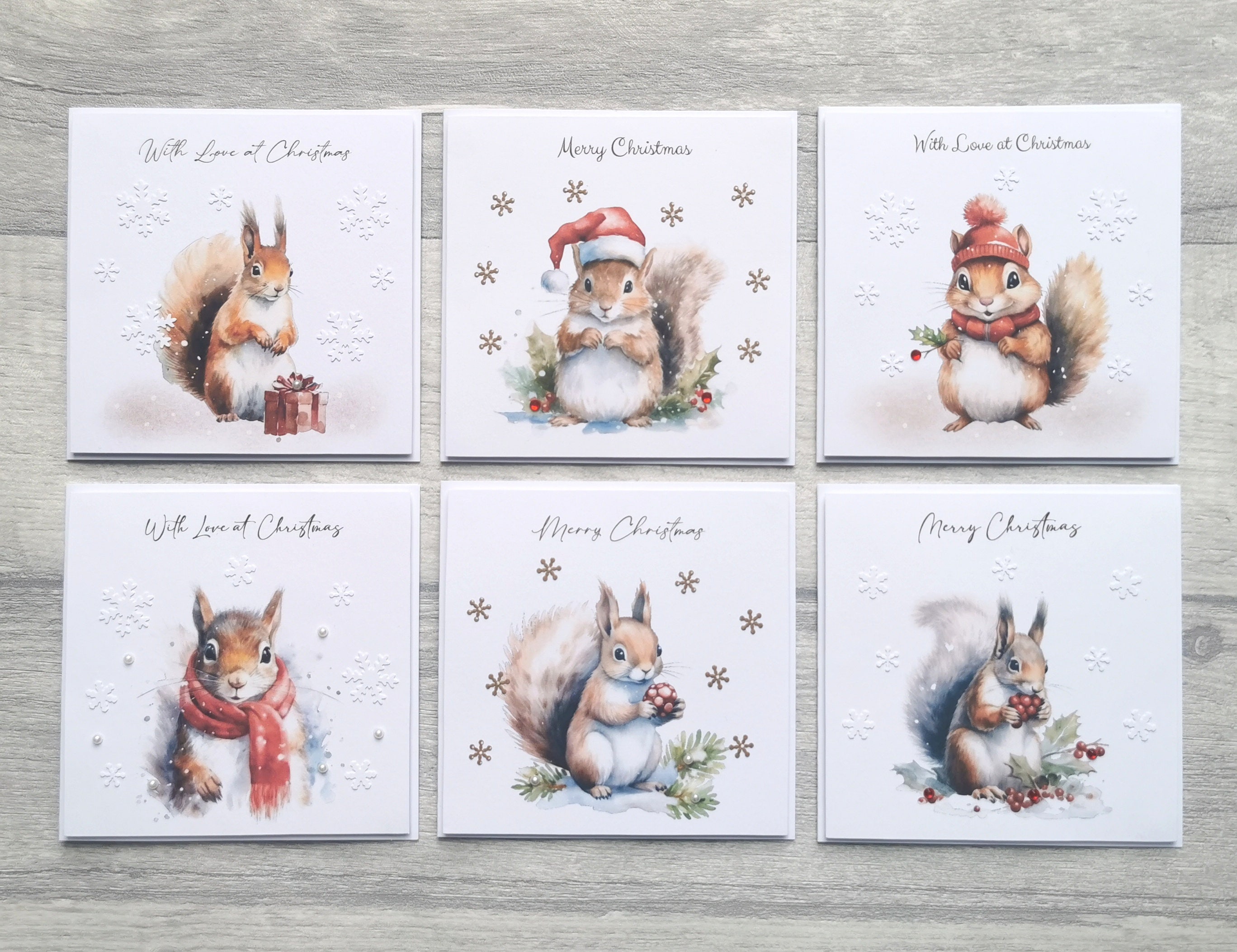 Pack of 6 4x4" Handmade Christmas Cards with Squirrels, Cute Squirrel Christmas Cards for Grandchildren, Pack of Mini Christmas Cards
