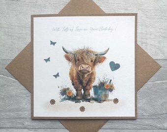 Personalised Birthday Card with Highland Cow, Highland Cow Birthday Cards, Custom Birthday Card, Birthday Card, Gifts for Her
