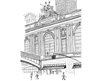 Grand Central Station NYC New York City / Stampa artistica / Disegno a mano / Stampato su carta opaca d'archivio