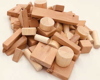 Toy Wooden Building Blocks - Handmade Set of 60