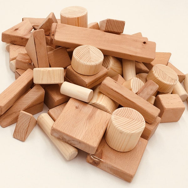 Toy Wooden Building Blocks - Handmade Set of 60