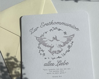 Karte zur Erstkommunion | Glückwünsche Erstkommunion | Geschenk Erstkommunion | Symbol | Illustration | Kommunionskarte | Taube I Kranz