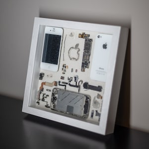Apple iPhone 4S Teardown/Framed/Disassembled Cell Phone Component Artwork - White - Wooden Shadowbox Mural Display - Boyfriend Present Gift
