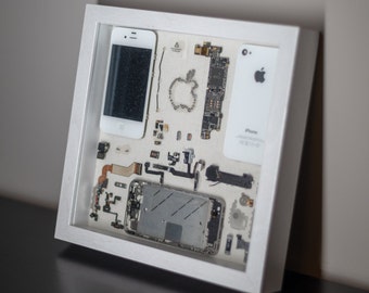 Apple iPhone 4S Teardown/Framed/Disassembled Cell Phone Component Artwork - White - Wooden Shadowbox Mural Display - Boyfriend Present Gift