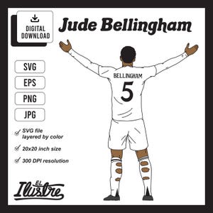 Jude Bellingham, file SVG del Real Madrid, file svg di calcio, EPS, PNG, jpg, clipart, alta risoluzione. Ottimo per biglietti, adesivi, magliette e altro ancora.