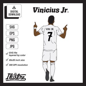 Vinicius Jr, file SVG del Real Madrid, file svg di calcio, EPS, PNG, jpg, clipart, alta risoluzione. Ottimo per biglietti, adesivi, magliette e altro ancora.