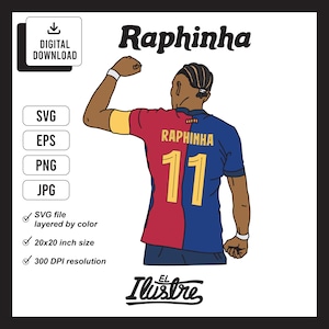 File SVG Raphinha Barcelona, file svg di calcio, EPS, PNG, jpg, clipart, alta risoluzione. Ottimo per biglietti, adesivi, magliette e altro ancora.
