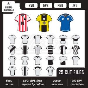 Paquete SVG de camisetas de fútbol personalizables / 25 diseños de camisetas con nombre, número y logotipo personalizados / Archivos de corte de descarga instantánea / Camiseta del lado delantero