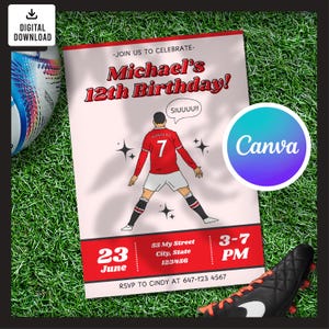 Carte d'invitation d'anniversaire Cristiano Ronaldo, modèle d'anniversaire modifiable, invitation d'anniversaire imprimable, fête de football, modèle d'invitation