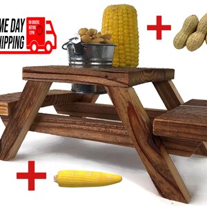 2 in 1 Dual Feeder - Squirrel, Chipmunk, & Bird Picnic Table Feeder - Corn Cob Mount, Tin Bucket, Corn, and Nuts Included