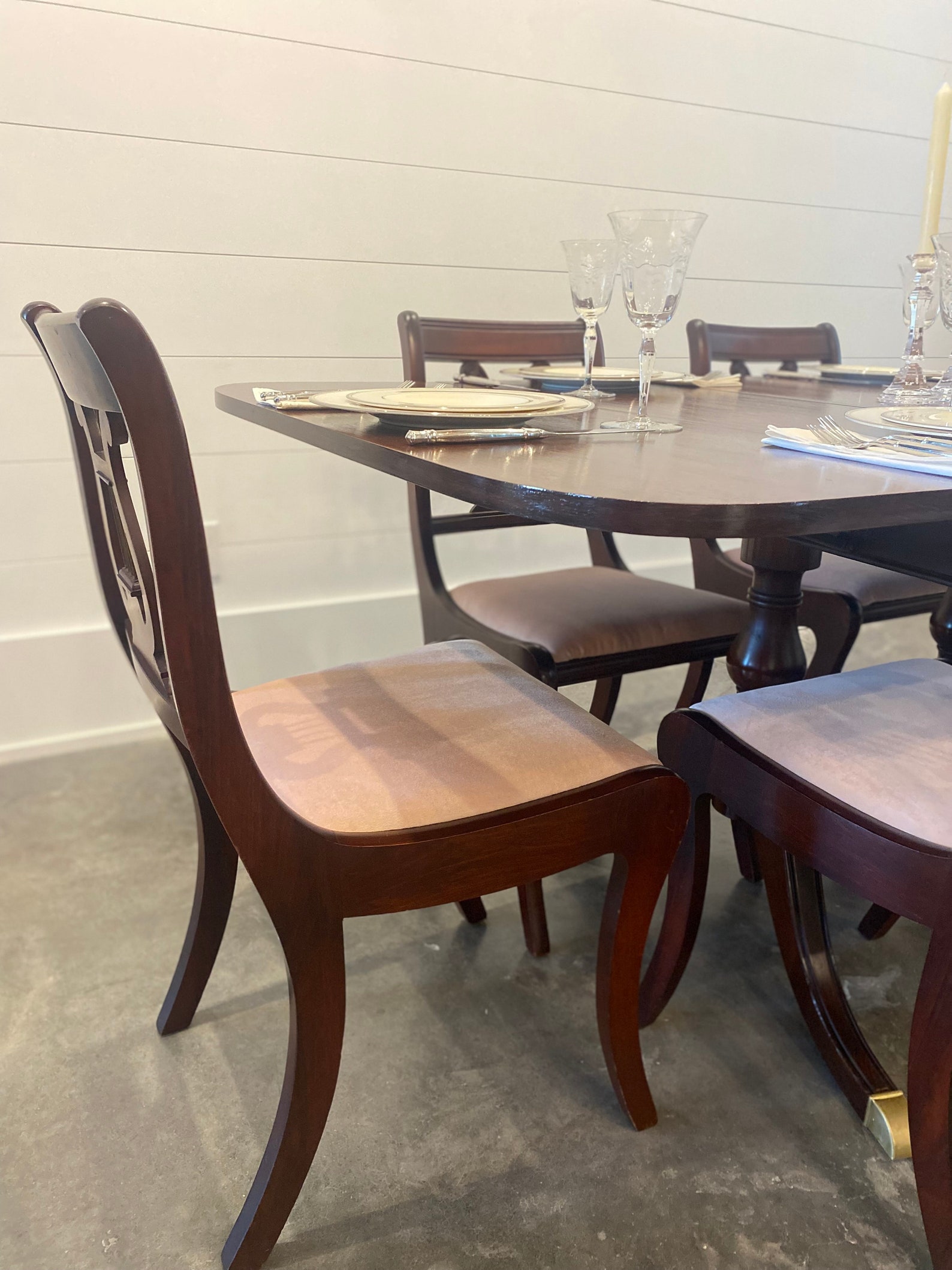 Mahogany Duncan Phyfe Dining Room Set. Six Chairs and Drop Leaf Table