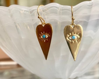 Gold Heart with turquoise Evil Eye hook earrings, friend Birthday, gift for her, trendy evil eye jewelry, Christmas gift