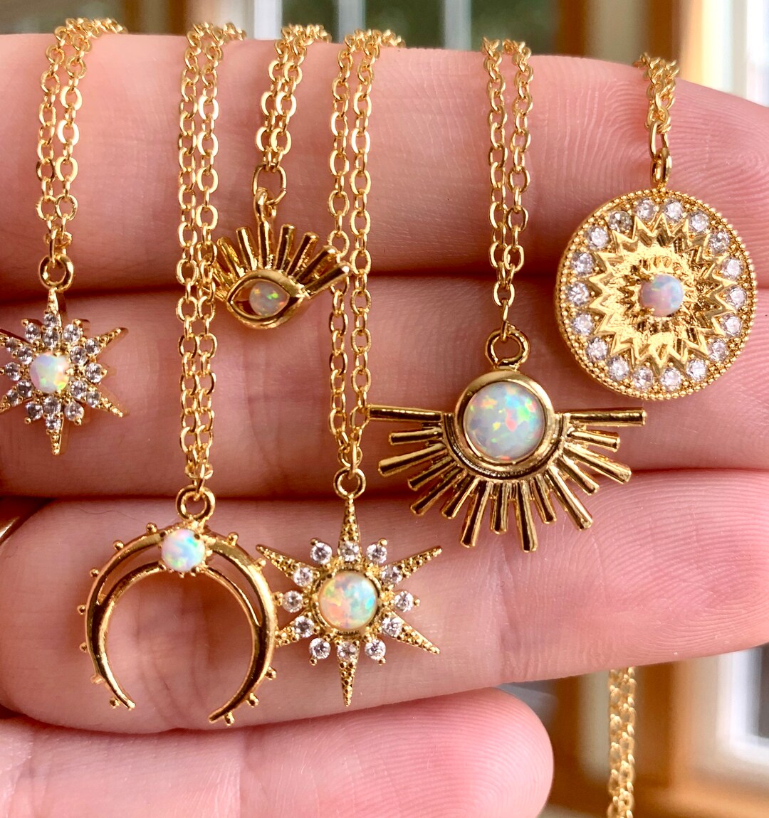 Celestial Opal Star Necklace, Delicate Gold Burst Necklace, Evil Eye