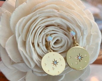 Celestial Opal Hoop Earrings, Gold coin earrings, star huggie hoops, friend Birthday, delicate jewelry
