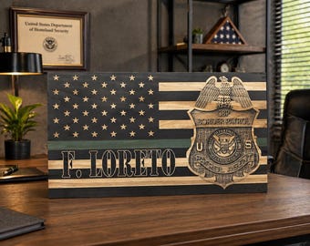 Custom U.S Border Patrol Wooden Flag – Personalized Engraved Pine Wood Sign with Thin Green Line and CBP Badge