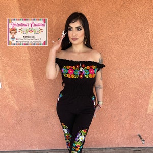 Valentina&#39;s Floral Jumpsuit- Embroider Palazzo- Mexican Jumper Dress