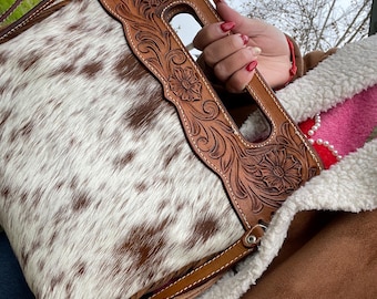 Genuine cowhide and Tooled leather/ Denim Bag #cowhidepurse