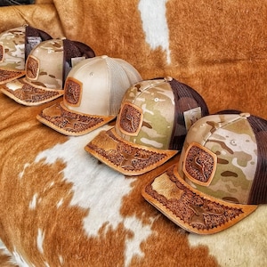 Hand tooled leather cap, leather hat