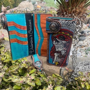 Tooled leather wallet-Leather Biker Chain Skull Wallet, Bandit Wallet, Sugar Skull Cowboy Wallet