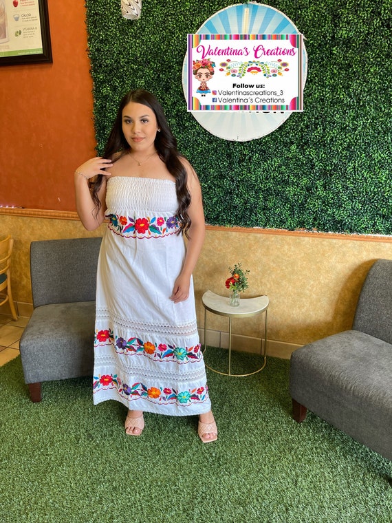 Strapless Long Dress with Colorful Flowers, Handmade Dress, Mexican Long Dress