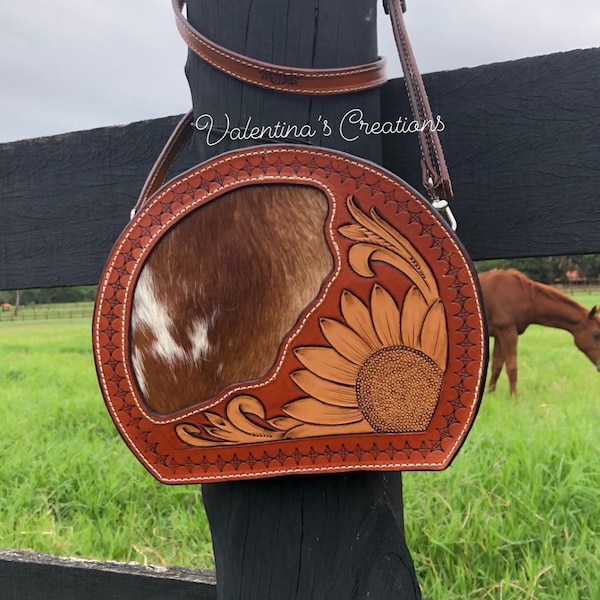 Genuine Hand-Tooled Leather & Cowhide Canteen Purse