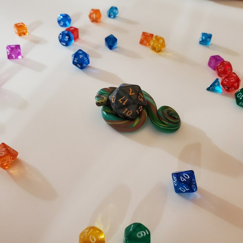 swirly snake dice holder and tabletop gaming friend. Snake Companion dungeons and dragons dice holding familiar Tabletop Familiar