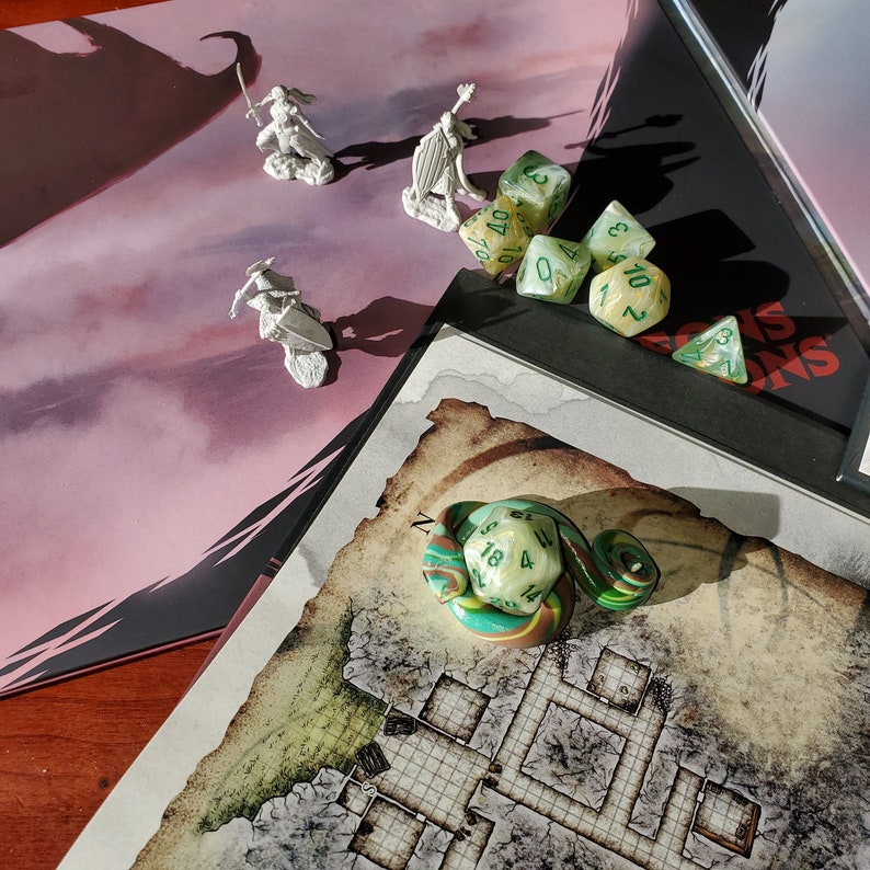 swirly snake dice holder and tabletop gaming friend. Snake Companion dungeons and dragons dice holding familiar Tabletop Familiar
