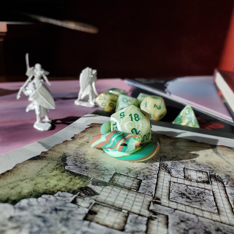 swirly snake dice holder and tabletop gaming friend. Snake Companion dungeons and dragons dice holding familiar Tabletop Familiar