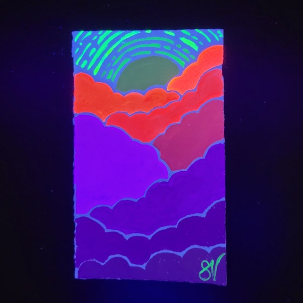 UV Reactive Painting, Abstract Clouds, neon, florescent colorscape, blacklight mini painting of clouds, glows in UV light