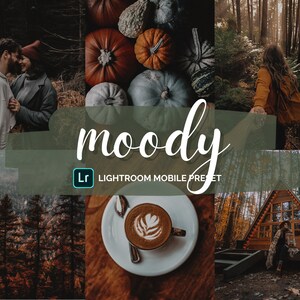 May include: A collage of images with a moody autumn theme. The images include a couple in a forest, a cup of coffee, a cabin in the woods, and a pile of pumpkins.