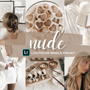 May include: A collage of images featuring a woman in a white outfit, a glass of iced coffee with heart-shaped ice cubes, a book on a white bedspread, and a plate of Japanese rice balls with chopsticks. The text "nude" and "Lightroom Mobile Preset" are displayed on a brown background.