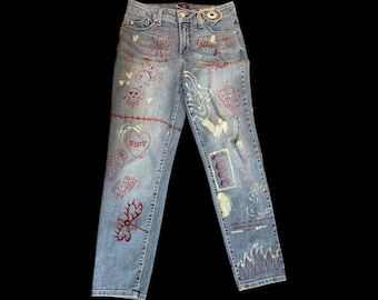 Denim Belt Custom Upcycled Lace Embroidered Size 31 32 Denim Belt Sewing Pattern Belt Sewing Pattern Upcycled Belt  main image 2