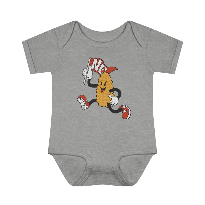 Retro throwback infant  gray onesie with a corn character waving a NE flag