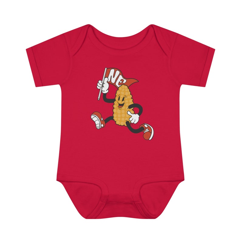 Retro throwback infant  red onesie with a corn character waving a NE flag