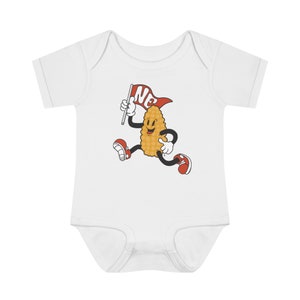 Retro throwback infant  onesie with a corn character waving a NE flag