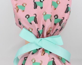 Doodles in Scrubs on Pink Pony Tail Bonnet, Vet Tech bonnet, Scrub cap, Medical cap, Enjoy FREE shipping when you spend 35 dollars or more!