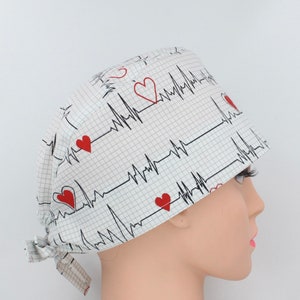 Heartbeat White Medical Bonnet, Doctor Scrub Cap, Surgical Cap, Nurse Cap.    Enjoy FREE shipping when you spend 35 dollars or more!