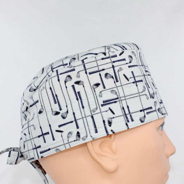 Mens Golf Clubs on Lt. Grey Scrub Cap, Mens Scrub cap, Medical cap, Mens Doctor cap, Tie cap, Nurse bonnet, surgical cap, Mens OR cap