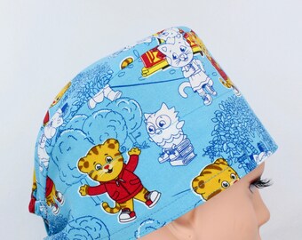 Cartoon Tiger Blue Scrub Cap, Scrub cap, Medical cap, Chemo cap, Tie cap, Pediatric bonnet, bonnet for nurses, surgical cap