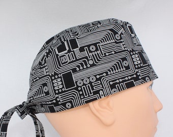 Circuit Board Black Mens Scrub Cap, Mens Scrub cap, Medical cap, Doctor cap, Mens medical hat, Mens tie cap, Tie cap, surgical cap, OR cap