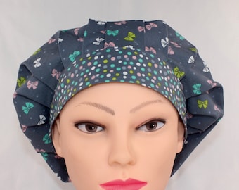 Gray Bouffant with Bows Handmade Cotton Medical Bonnet for Women
