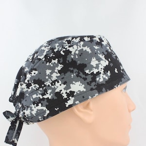 Pixel Black Gray Camo Cotton 3.5" tall Handmade Scrub Cap for Men