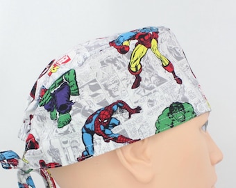 Cartoon Print Cotton 3.5" tall Handmade Scrub Cap for Men