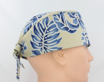 Mens Blue Flowers on Tan Hawaiian Scrub Cap, Pediatrician scrub cap, Medical cap, Tie cap, doctor scrub cap, Nurse scrub cap, surgical cap